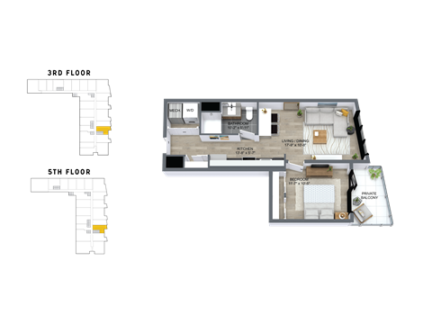Floor plan for 1 bed, 1 bath, 640 sqft